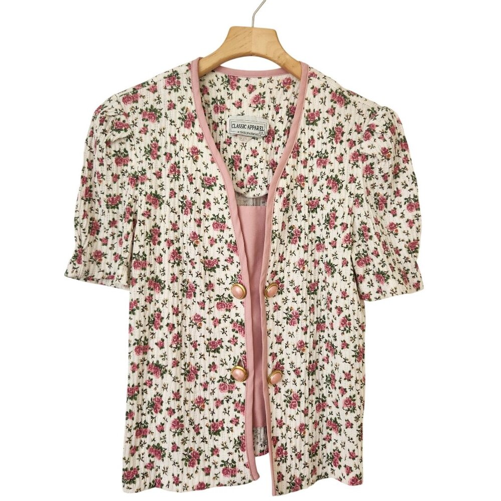 Vintage Classic Apparel Pink Floral Top Shirt Buttons Grandma Feminine Cute